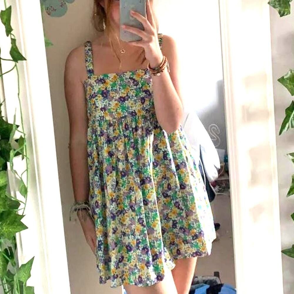 Zara Floral Poplin Mini Dress Tie Back Bow Babydoll Empire Waist 100% Cotton